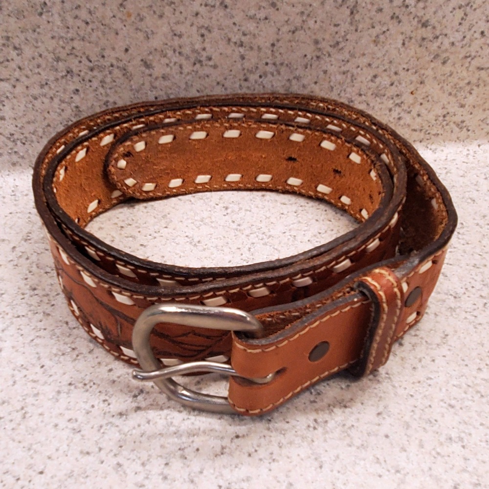 VTG Hand Tooled Leather Belt Mens SZ 40 Buffalo Hunt Topstitch Removeable Buckle